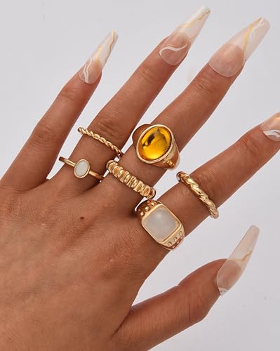 FAXHION 24-60 Pcs Gold Stackable Rings for Women, Knuckle Rings Chunky Gold Ring Set Dainty Stacking Cute Rings, Multiple Sizes Cute Jewelry Set Gift - style: Maillard -6 pcs