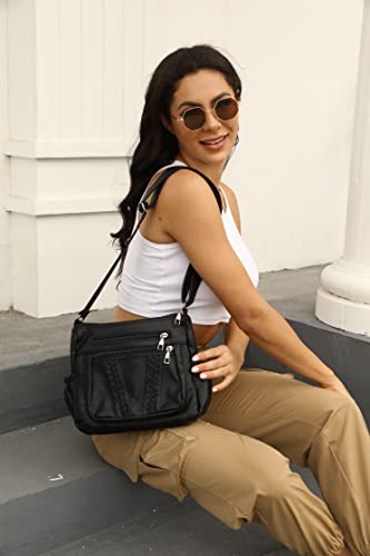 ELDA Crossbody Bags For Women Pocketbooks Soft PU Leather Purses and Handbags Multi Pocket Shoulder Bag - color: Black