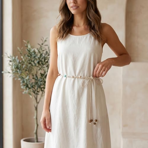 LIMHOO Women's Boho Braided Belt Adjustable Beaded Rope Waist Belts for Dresses - color: 582 Beige