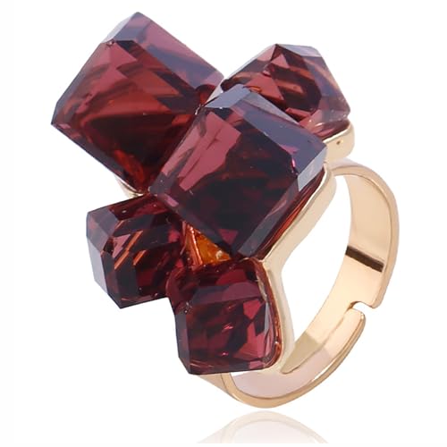 Hebelee Boho Square Crystal Statement Ring for Women Gold-Toned Adjustable Expandable Promise Engagement Geometric Rings Comfort Fit Elegant Art Deco Birthday Christmas Cocktail Party Y2K Jewelry - color: Wine Red