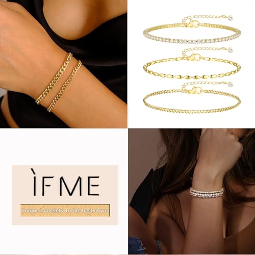 Gold Bracelets for Women, 14k Gold Plated Hand Chain Bracelet, 2 Pcs Ring Bracelets for Women Trendy Dainty Cubic Zirconia Bracelet Ring Bracelet Hand Jewelry Adjustable 6.3'+2' - style: CZ+cuban-1