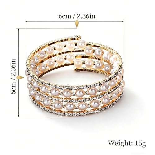 Pearl Rhinestone Stretch Cuff Bracelet for Women Adjustable | Perfect for vintage weddings parties vacations and everyday wear - color: Gold A+