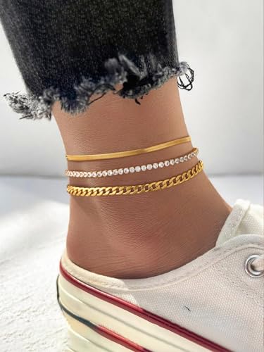 FindChic Black/Silver/Gold Plated Anklets Set of 2PCS/3PCS Herringbone Chain Cuban Link Heart Charm Sparkling Tennis Ankle Bracelets, Waterproof Summer Foot Jewelry for Beach - color: 06. Gold-3PCS Herringbone & Tennis & Cuban