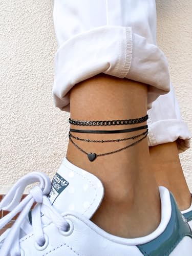FindChic Black/Silver/Gold Plated Anklets Set of 2PCS/3PCS Herringbone Chain Cuban Link Heart Charm Sparkling Tennis Ankle Bracelets, Waterproof Summer Foot Jewelry for Beach - color: 01. Black-3PCS Cuban & Herringbone & Beaded Heart