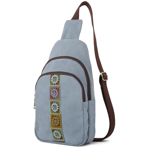 SILKAREA Canvas Sling Bag for Wome Crossbody Purse Small Sling Backpack Purse Travel Hiking Chest Bag Daypack - color: Light Blue