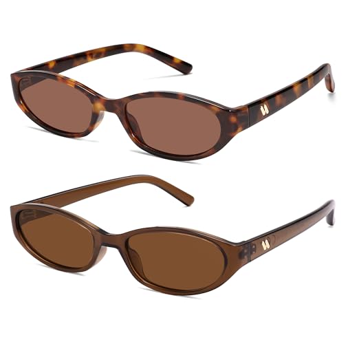 Retro Oval Sunglasses for Women Men Y2k Narrow Cat Eye Sunnies Skinny Shades AR82299 - color: B05 Tortoise+clear Brown