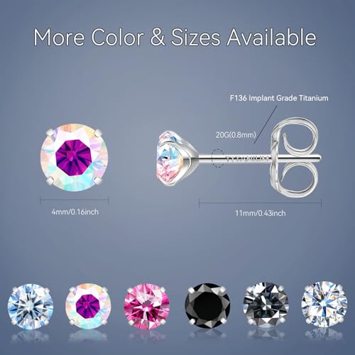 Moissanite Stud Earrings, G23 Hypoallergenic Titanium Stud Earrings for Women Men, Round Cut D Color VVS1 Clarity 18K White Gold Palted Multicolor Moissanite Jewelry, 0.6CT-3.0CT - color: Aurora Borealis, size: (0.3ct*2)-4mm-0.6 Carat