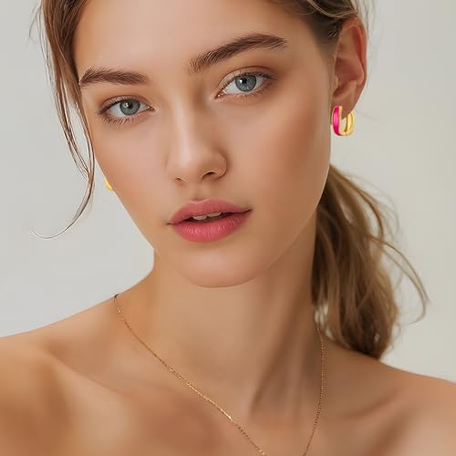 Chunky Hoop Earrings for Women Thick Minimalist Geometric Huggie Hoop Earrings Dainty Thick Y2K Preppy Earrings - style: Square-hot pink