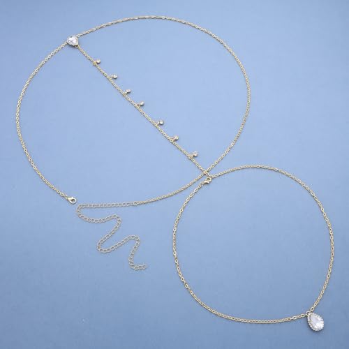 Wedding Back Necklace for Backless Dress Gold Silver Cz Bridal Backdrop Necklace Choker Rhinestone Teardrop Brides Back Body Chain Sparkly Crystal Diamond Long Drop Y Lariat Pendant Bridesmaid Women - color: Gold