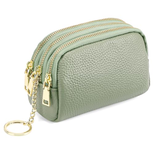 SENDEFN Small Coin Purse Leather 3 Zippered Change Pouch Wallet with Key Ring for Women - color: 1-Green