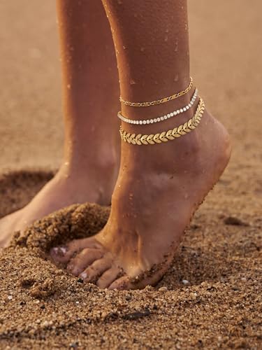 14K Gold/Silver Plated Ankle Bracelets for Women Anklet Set Waterproof Tarnish Resistant Adjustable Dainty Layered Lightweight Hypoallergenic Vacation Beach Pool Party Summer Jewelry Gift - style: Style1