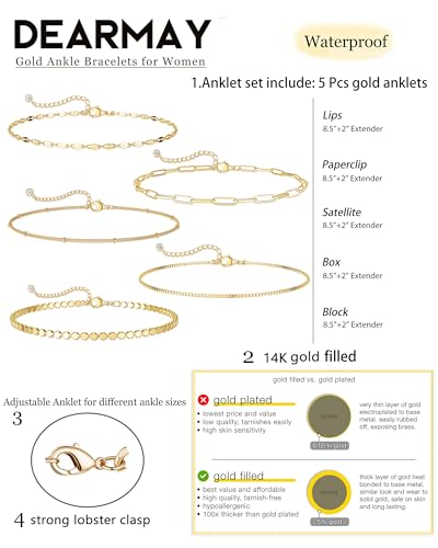 DEARMAY 14K Gold Plated Ankle Bracelets for Women Waterproof - Dainty 6Pcs Anklets Layered Cuban Link Chain Herringbone Cute Anklets Set Pack Summer Beach Jewelry Gift for Women Teen - color: Gold Anklet C