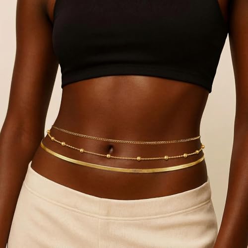 HERSIN Waist Chain for Women, 14k Gold/Silver Plated Dainty Waist Chain Cute Body Chain Gold Chain Belt for Womens Belly Chain Beach Accessories for Womens Summer Jewelry for Women Gifts - style: beadsnake-GD