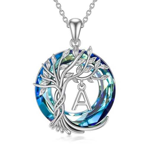 TOUPOP Gifts for Women Tree of Life Initial Necklace 925 Sterling Silver Letter Pendant with Blue Crystal Birthday Jewelry Gifts for Women Her Mom Wife Daughter - color: Tree of Life A Initial
