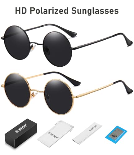 MEETSUN Small Round Polarized Sunglasses for Men Women Metal Retro Hippie Circle Sun Glasses Driving Festival Cosplay UV400 - color: Black / Grey + Gold / Grey