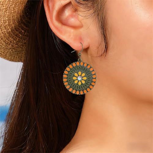 MALOYANVE Vintage Boho Circular Flower Dangle Earring, Handmade Bronze Tribal Round Enamel Floral Drop, Bohemian Ethnic Statement Jewelry Gift for Women - color: Orange