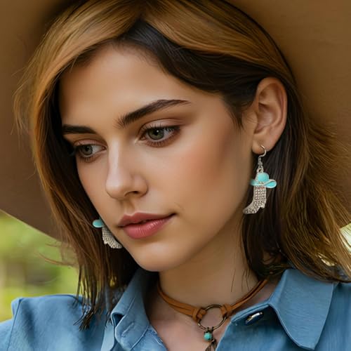 RechicGu 3 Pairs Western Cowgirl Cowboy Hat Earrings Set Silver Symmetric Boots Sparkly Rhinestone Tassels Drop Dangle Rural Culture Earrings Set For Women - color: Silver Boots,Mint Green Hat