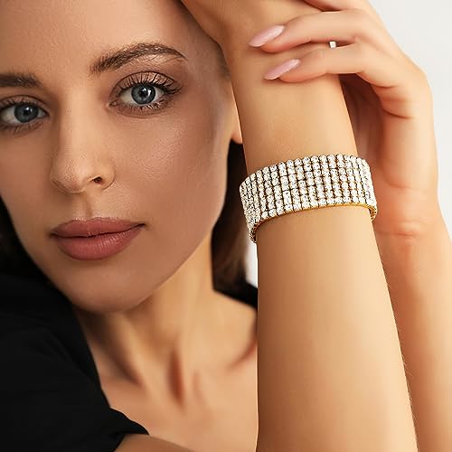 Zealmer Sparkle Multicolor Rhinestone Stackable Stretch Bracelets for Women - color: 7 Row Gold Bracelet
