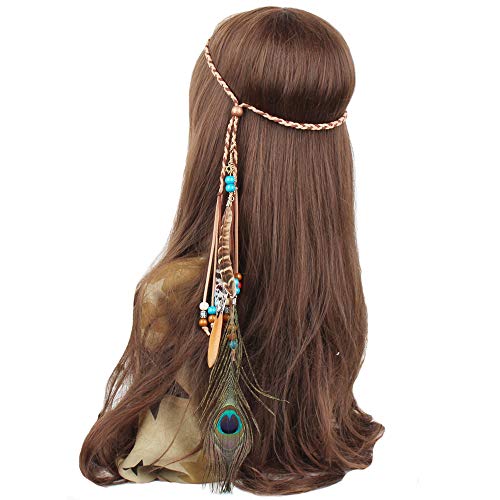 WLBON Halloween Boho Feather Headband Hippie Indian Hair Hoops Bands Tassel Bohemian Headpiece Hairband Women Christmas Wedding Holiday Festival Masquerade Cosplay Dress Up Birthday Party Accessories - color: Peacock