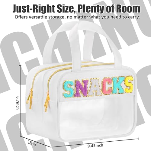 BuyCard Chenille Letter Clear Makeup Bags for Travel, Preppy Patch Nylon Cosmetic Pouch with Handles and Zipper, Waterproof Large Clear Toiletry Purse Storage for Women, White - color: White-Snacks