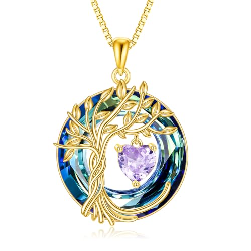 POPLYKE Mothers Day Gifts for Mom Her Wife Tree of Life Necklace 925 Sterling Silver Birthstone Pendant with Crystal Anniversary Birthday Wedding Jewelry for Women - color: 06-Jun-Alexandrite, style: 18K Gold Plated-Blue Crystal