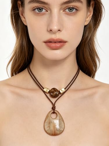 GelConnie Boho Necklaces for Women Cowgirl Necklace Stone Leather Cord Pendant Necklaces With Beads Long vintage Layered Choker Necklace - style: Brown Choker Pendant Necklace