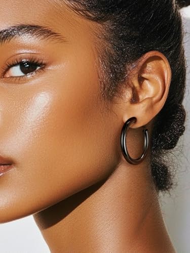 Stainless Steel Chunky Hoop Earrings For Women, Minimalist and Chic, Black/Gold Plated, Round Hoops Earrings Hypoallergenic, Size: 30mm/40mm/60mm/80mm, Come with Box - color: 1. Black, size: 40MM