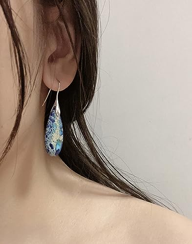 SELOVO Stone Fishhook Dangle Drop Earrings Statement Earrings for Women Stone - color: Dark Blue-Silver Color Hook
