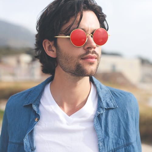 NACHLYNN Round Hippie Sunglasses Metal Border Circle Hippie Glasses UV380 Protection 70s Sunglasses for Men Women Party Favor - color: Red