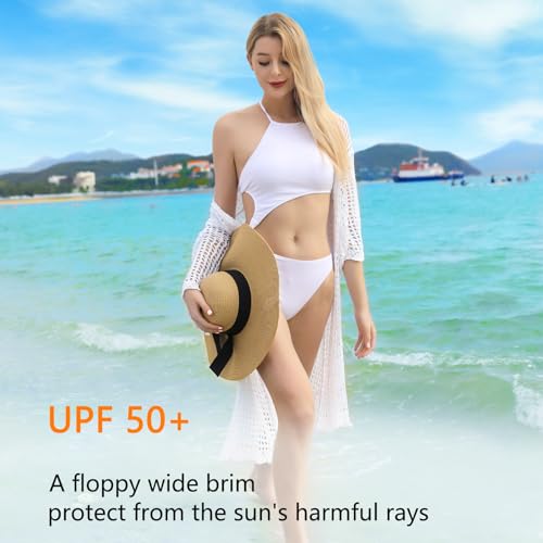 Beach Hats for Women - Beach Hat Womens UPF 50+, Packable Sun Hat Women Roll Up, Wide Brim Straw Hat for Women - color: Khaki Black