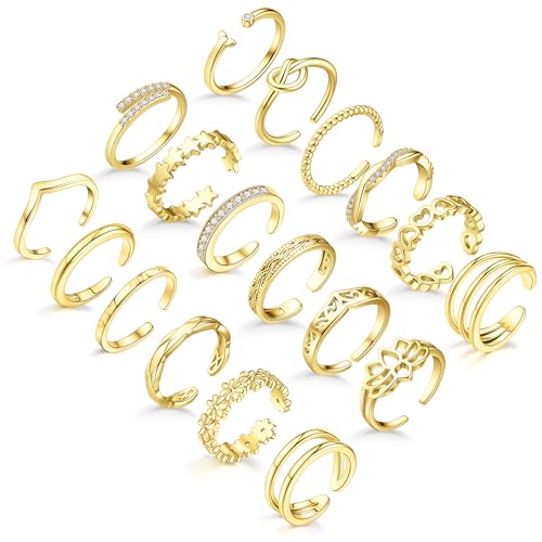 18PCS Toe Rings for Women Non Tarnish Gold/Silver Rings Open Flower CZ Band Toe Ring Set Adjustable Ring Summer Beach Foot Jewelry Gifts - color: Gold