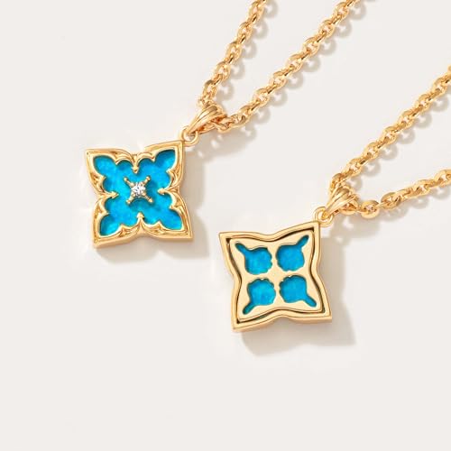 Fettero Gold Clover Necklace for Women Dainty 14K Gold Plated CZ Pendant Necklace Adjustable Chain Choker Charm Colorful Clover Pendant Lucky Necklaces for Women Jewelry - color: Blue-Turquoise
