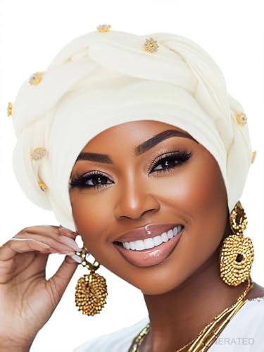Woeoe Women African Turban Pre-Tied Twisted Beanie Cap Headwear Rhinestone Soft Stretchy Head Turbans - color: White