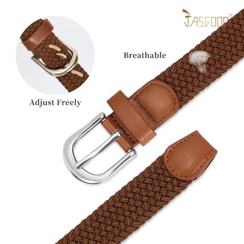 JASGOOD 2 Pack Braided Belts for Women, 1'' Narrow Width Elastic Woven Stretch Fabric Cloth Belts with Gold Buckle - color: F-black+brown, size: Fit Size 29"-32"
