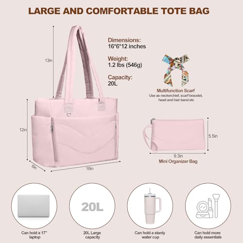 YFWE Puffer Tote Bag for women, Lightweight Tote Bag with Compartments for Work, Travel, School, Gym & Nurses - color: Pink