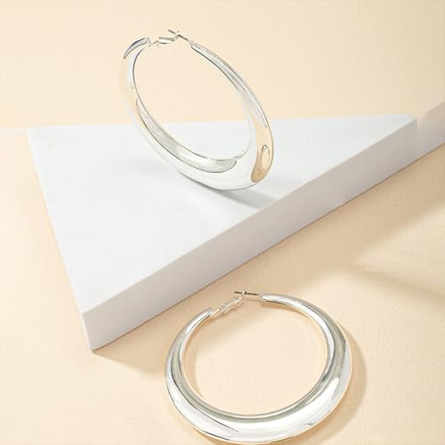Chunky Gold Large Hoop Earrings for Women, Dainty 14K Gold Big Circle Round Statement Earrings Silver Trendy Thick Hoops Ear Jewelry for Anniversary - color: Silver