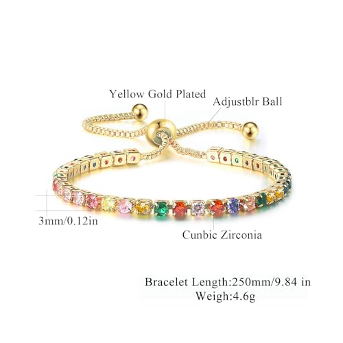CiNily Adjustable Tennis Bracelets for Women Teen Girls Rainbow Cubic Zirconia Bracelet 14K White Gold Plated Hypoallergenic Slider Bracelet Jewelry Gift - color: Adjustable-Round Yellow Gold