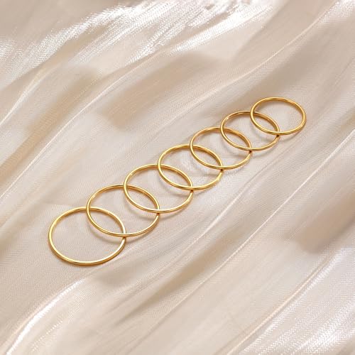 MILACOLATO 1mm Stainless Steel Stacking Rings for Women | Thin 14K Gold Plated Band Rings | Stackable Knuckle Rings Thumb Pinky Midi Rings | Comfort-Fit Size 3/4/5/6/7/8/9 - color: 7pcs Gold Tone,Size 3-9