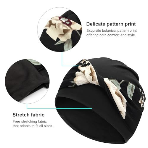 Women Knot Slouchy Beanie Chemo Hat Twist Stretch Cancer Head Wraps Sleep Head Scarf - color: Black Beige Flowers