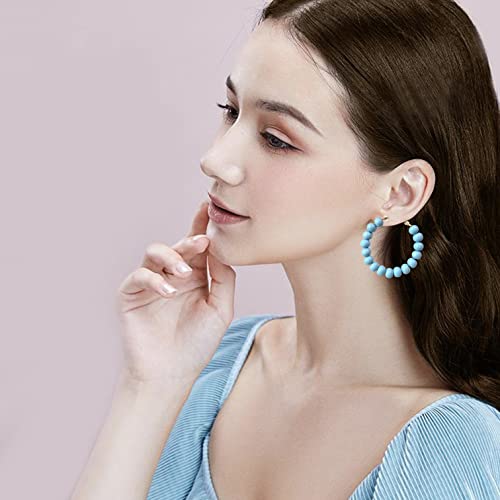 Handmade Nature Wooden Beaded Hoop Earrings Bohemian Minimalist Colorful Circle Round Wood Bead Earrings Vintage Chic Wooden Ethnic Dangle Drop Earrings for Women Statement Jewelry Gifts - color: Light Blue