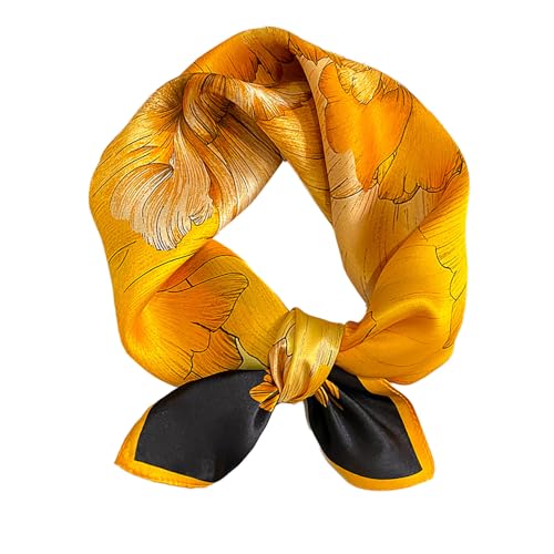 FEIBOON Mulberry Silk Scarfs Neck Scarf 21" Small Square Scarfs hair scarf bandana Neckerchief Headscarf for Women - color: Orange Flower