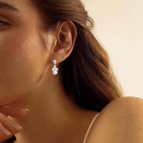 Pearl Earrings for Women, Dainty Wedding Bridal Earrings 14k Gold Plated CZ Pearl Drop Earrings for Women Trendy Hypoallergenic Unique Gold Drop Earrings Fashion Prom Jewelry - color: Silver-E