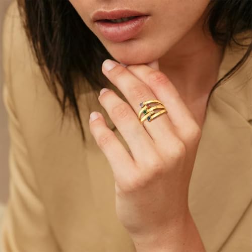 Custom4U Personalized 1-4 Birthstone Rings for Women Promise Rings for Her Sterling Silver Mothers Ring Customized Cubic Zirconia Stones Wedding/Valentine's Day/Mother's Day Jewelry Gift for Mom Wife - color: B-3 Names-Gold