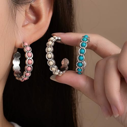 Boho Round Turquoise Hoop Earrings Daisy Flower Turquoise Dangle Earrings for Women Men Vintage Ethnic Accessories Tribal Jewelry - color: Beige