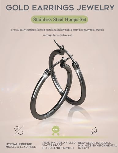 ORAZIO 4 Pairs Stainless Steel Hoop Earrings Set Cute Huggie Earrings for Women,10MM-20MM - style: D: Black-tone,4 pairs