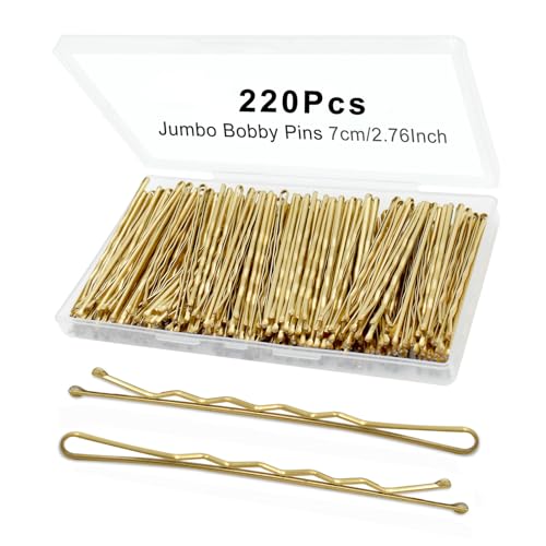 YINGFENG 220pcs Large Gold Bobby Pins for Women, 2.76 Inch Jumbo Hair Pins, Long Hair Clips Bulk with Box, Reusable Non Slip Hairpins Kit, Big Hair clips Great for Thick Hair - color: Gold（2.76inch）