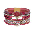 Leather Wrap Bracelet for Women, Boho Cuff Bracelet with Strong Clasp, Multi-Layer Crystal Leather Bracelet for Valentine Mother's Day - color: 01-Heart-Burgundy