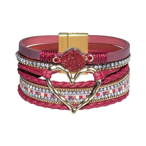 Leather Wrap Bracelet for Women, Boho Cuff Bracelet with Strong Clasp, Multi-Layer Crystal Leather Bracelet for Valentine Mother's Day - color: 01-Heart-Burgundy
