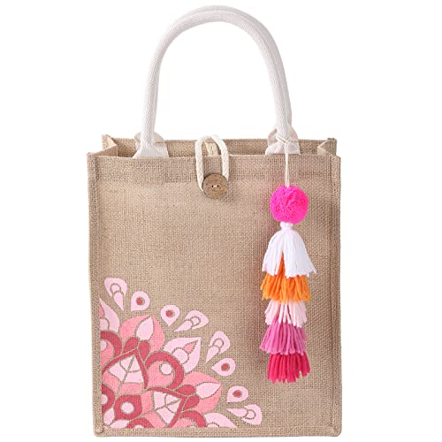itgowisa Jute Beach Bag for Women, Burlap Beach Tote Bag with Tassel Pocket, Summer Gift for Vacation, Pool, Cruise & Grocery | Jute material - color: Pink Tassel B
