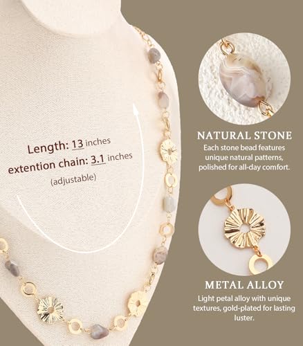 Long Gold Necklaces for Women Dainty Natural Stone Beaded Gold Necklace Mothers Day Gifts Boho Gold Costume Jewelry for Women - color: Grey